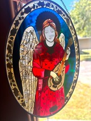 Joan Baker Stained Glass Suncatcher Angel Harp Hand Painted 9×6.5