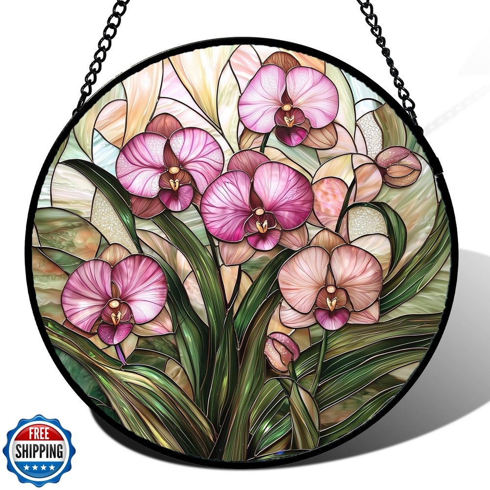 AMDERVEN Stained Glass Window Hanging – Pink Phalaenopsis Orchid Green Leaves