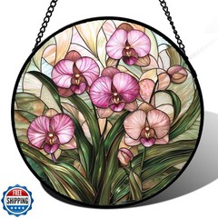 AMDERVEN Stained Glass Window Hanging – Pink Phalaenopsis Orchid Green Leaves