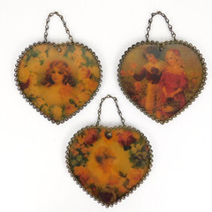 3X VTG Heart Shaped Chained Picture Art Wall Hanging/Suncatcher Victorian Girls