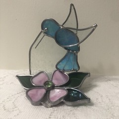  Stain Glass Suncatcher Hummingbird, Pink Flower Handcrafted 3D Standalone