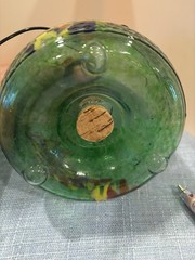 Blown Glass Hanging Lantern, Vase, Bug Trapper Green With Red/Yellow/Blue Design