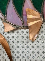 Vintage Stained Glass Rainbow Fish Suncatcher Dichroic Green/Pink w/Copper Fins