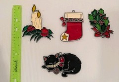Lot 4 Vintage Christmas Stained Glass Sun Catcher 4-5″ Holly Cat Stocking Candle