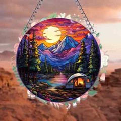 Sunset Camping In The Mountains Suncatcher Double Sided Round Acrylic Decor