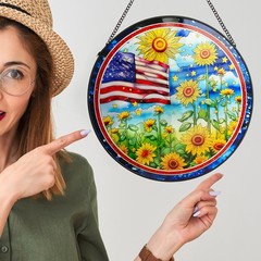 America Flag Stained Glass Window Hanging, 9.8’’ Flag Sunflower Suncatcher wi…