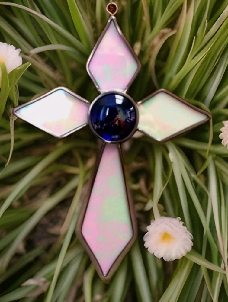Religious Cross Handmade Authentic Traditional Stained Glass Suncatcher White