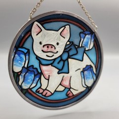 Pig Piglet Stained Glass Hanging Round Suncatcher Ornament