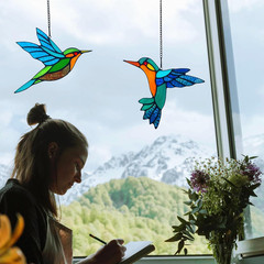 2 Packs Stained Glass Hummingbird Suncatcher Window Hanging Ornament, Stained Gl