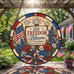 American Flag Floral Patriotic Stained Glass Suncatcher Window Decor