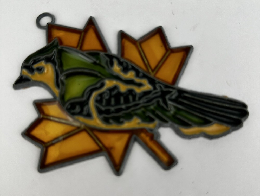 Vintage Stain Glass Like Suncatcher With Metal Framing Orange/Green/Blue Bird