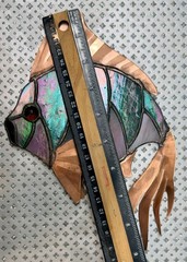 Vintage Stained Glass Rainbow Fish Suncatcher Dichroic Green/Pink w/Copper Fins