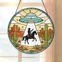 UFO Abduction Cowboy Stained Glass Suncatcher Sci Fi Western Art