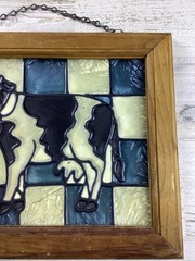 Vintage Milk Cow Stained Glass Mosaic Suncatcher Glass Dark Brown Wood Frame