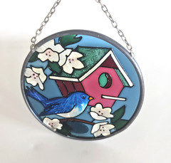 Joan Baker Designs Blue Bird Birdhouse Garden Hand Painted Glass Suncatcher 3.5″