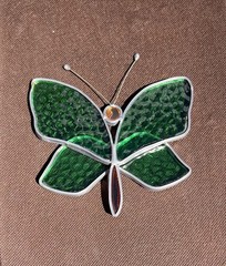 Vintage Green Orange Leaded Stained Glass Sun Catcher Full Butterfly 5 in x 5 in