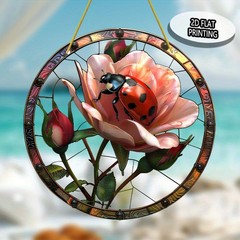 2D Flat Vibrant Pink Rose Acrylic Ladybug Sun Catcher Wall Art Decor for Garden