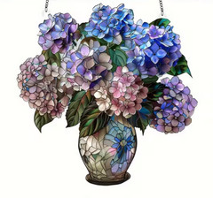 SUNCATCHER 2D Acrylic Hydrangeas in Vase ~ Indoor/Outdoor Decoration (8″x8″)