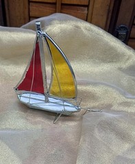 Vintage Estate Handmade Stained Leaded Glass Suncatcher Sailboat Ship Nautical