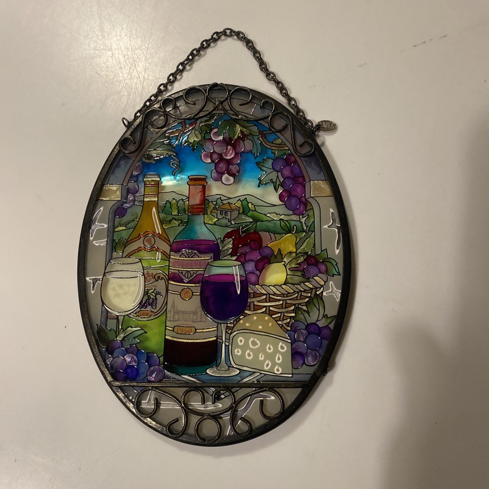 AMIA GLASS WINE & CHEESE OVAL SUN-CATCHER HAND PAINTED” 7818