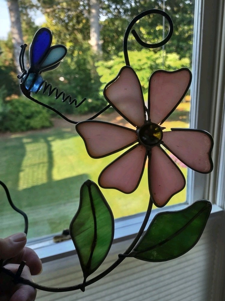 Vtg Stained Glass Flower Bouquet Dragonfly Suncatcher Pot Vase Art Decor Pc*