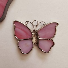 Stained Glass Pink Butterfly Leaded Sun Catchers Window Hanging VTG Set Of 2