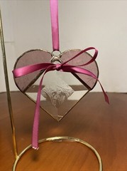 Heart Shaped Stained Glass Suncatcher Pink Clear Etched Beveled Ribbon Bow