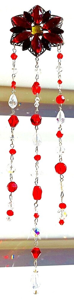 CHRISTMAS POINSETTIA CRYSTAL SUNCATCHER-RED/CLEAR CRYSTAL-HANDCRAFTED-10″- #905