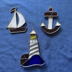 Lot Of 3 Nautical Suncatchers Lighthouse Sailboat Anchor Coastal Decor Lakehouse