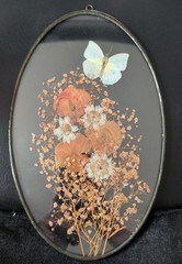 70’s Vintage Oval Pressed Dried Flower Butterfly Sun Catcher/Wall Decor 12×7.5″