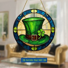 St. Patrick’s Day Acrylic Window Hanging Green Hat Clover 2D Flat Round Decor