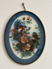 Carolyn Shores Wright Glass Sun Catcher Birds Window Hanging Oval Brass Edge