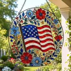 American Floral Flag Stained Glass Suncatcher Patriotic Decor