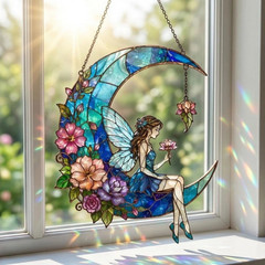 Fairy Moon Acrylic Suncatcher Floral Fairy Crescent Moon Window Decor Gift