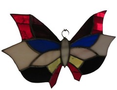 Vintage Handmade Stained Glass Butterfly Suncatcher Red Blue Yellow Black Art