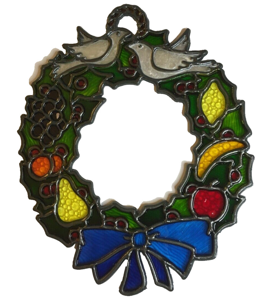 Vintage Plastic Window Suncatcher Stained Glass Christmas Wreath 9″ Tall Fruit