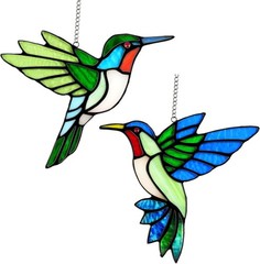 2pc Hummingbird Stained Glass Window Hanging Suncatchers 6″Handmade Real Glass