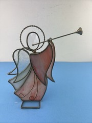 STAINED GLASS SUN CATCHER ANGEL FIGURINE PLAYING A HORN, BRASS TRIM 9”