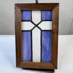 Vintage Stained Glass Cross Suncatcher Blue White Window Decor Wooden Frame Art