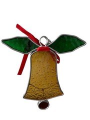 Vintage Stained Glass Suncatcher Christmas Holly Bell Ornament 5” Amber Green