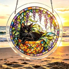 Color Gem Border Frame Black Cat Wisteria Plant Acrylic Puzzle Suncatcher Gift