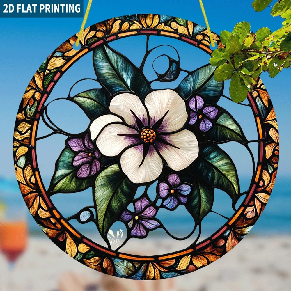 Bohemian Acrylic Suncatcher White Flower & Violet Design Window Hanging Decor