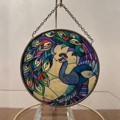 Real Glass Sun-catcher Faux Stained Glass Peacock Blues Purples Red Orange Aqua