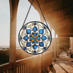 Blue White Abstract Flowers Stained Glass Suncatcher for Home Garden Decor
