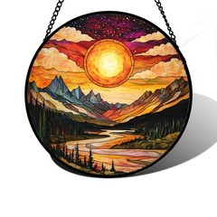 Stained Glass Sun Catcher Panel Dusk Sunset Landscape Decor for Home 9.8 in
