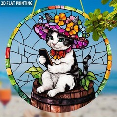 Cute Flower Hat Cat Acrylic Suncatcher Cat Mom Wall Window Hanging Ornament Gift