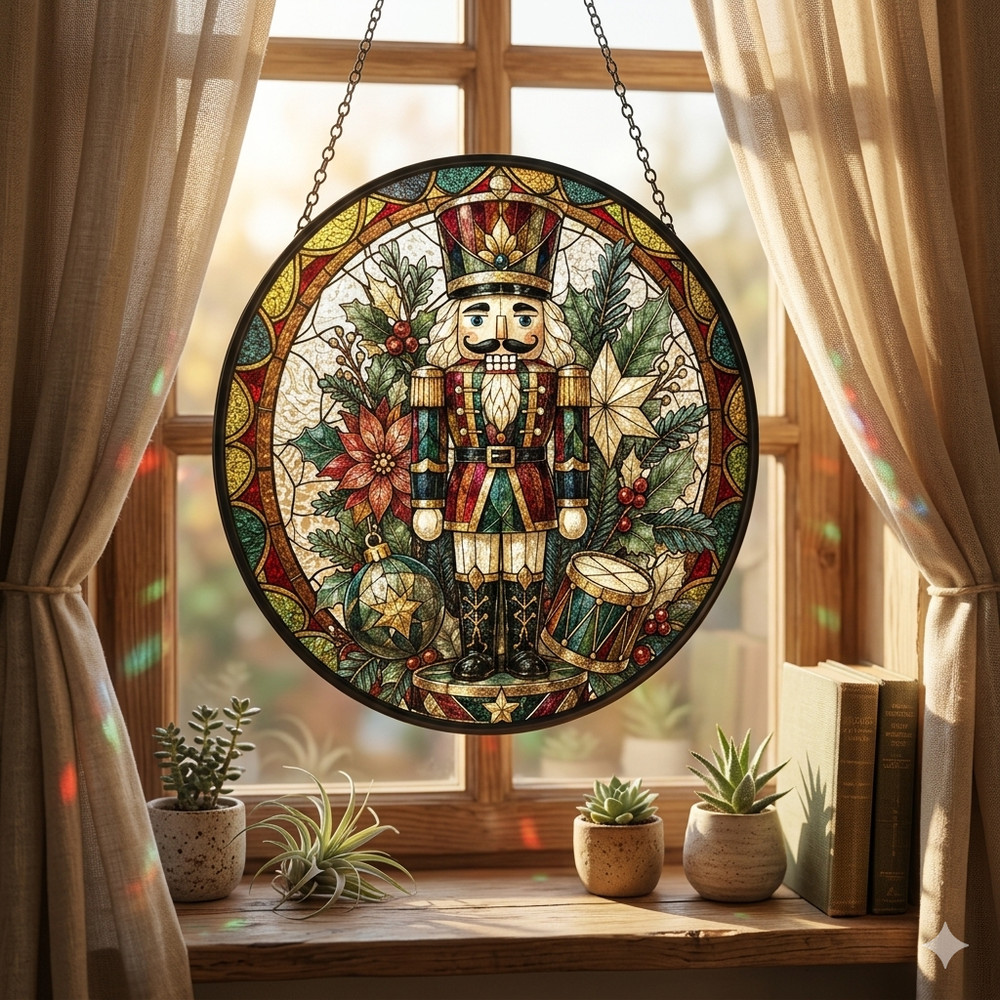 Merry Xmas Nutcracker Soldier Winter Festive Stained Glass Suncatcher