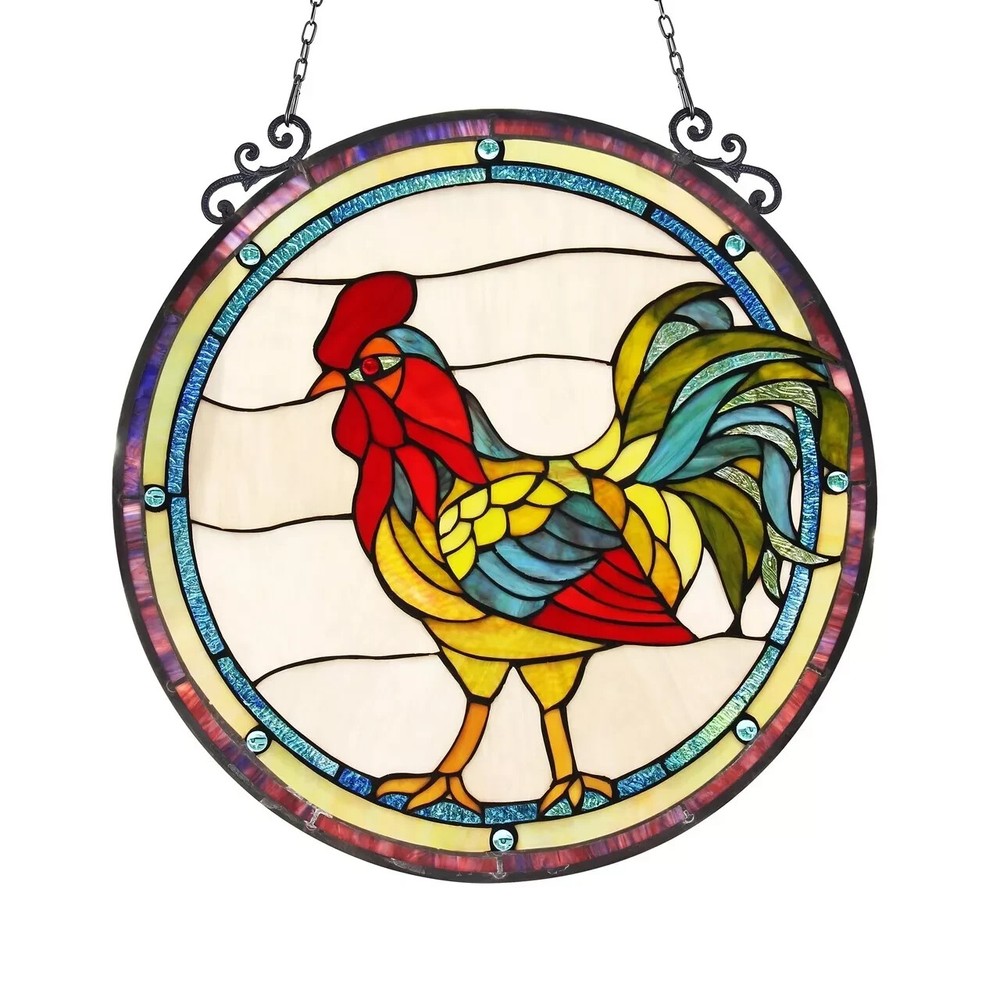 24″ Stained Glass Rooster Round Window Panel Handcrafted Tiffany Style