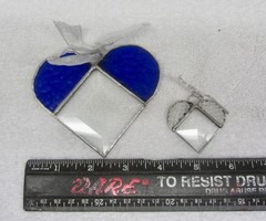 2 Handcrafted Blue & Clear Stained Glass Small HEARTS Stain Glass Textured