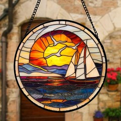 Stained Glass Sailboat Suncatcher – Ocean Seagull Window Decor 7.8″